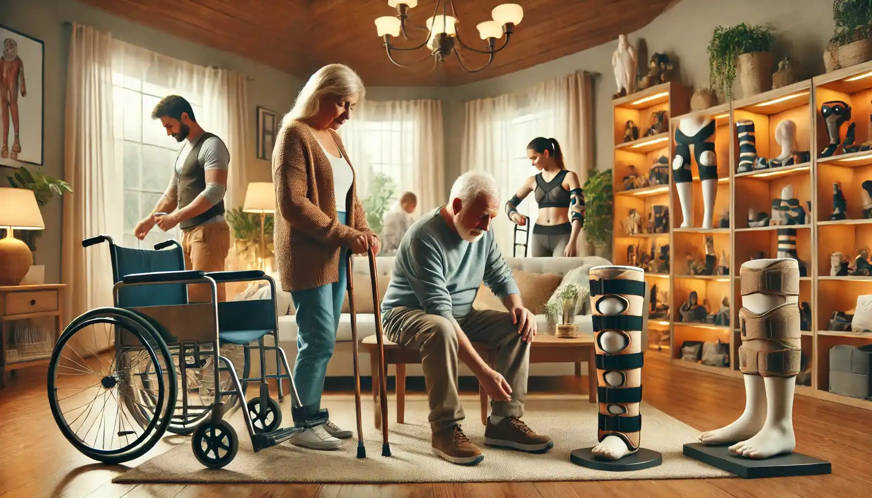 Individuals using various mobility devices in a cozy living room