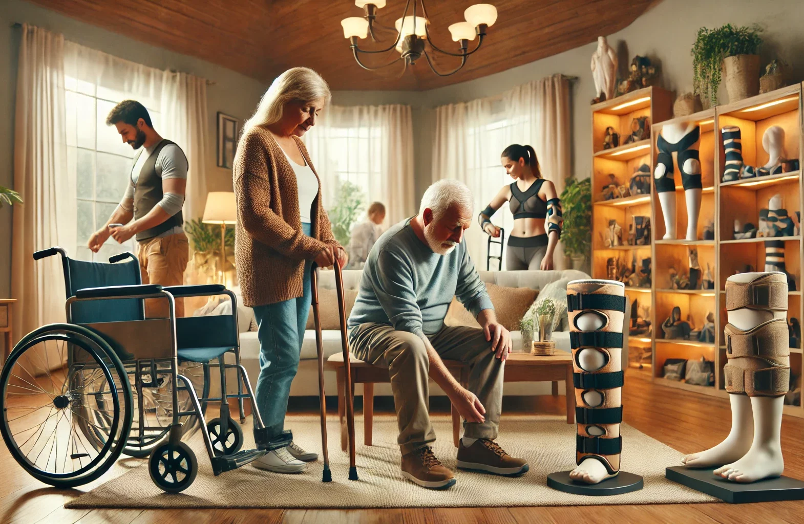 Individuals using various mobility devices in a cozy living room