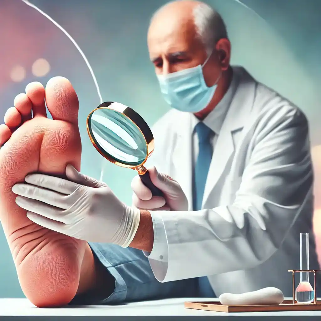 Close-up of a diabetic person's feet being inspected for cuts and sores, emphasizing the importance of daily diabetes foot care to prevent complications and maintain foot health