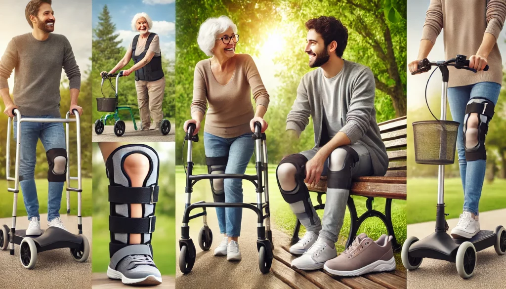 People using mobility devices in a park: rollator, knee brace, and mobility scooter.