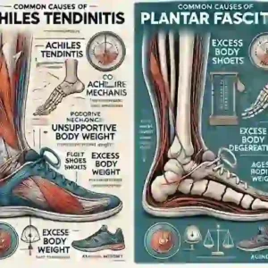 Medical illustration showing the common causes of Achilles tendinitis vs plantar fasciitis, including poor foot mechanics, unsupportive shoes, excess body weight, and age-related degeneration