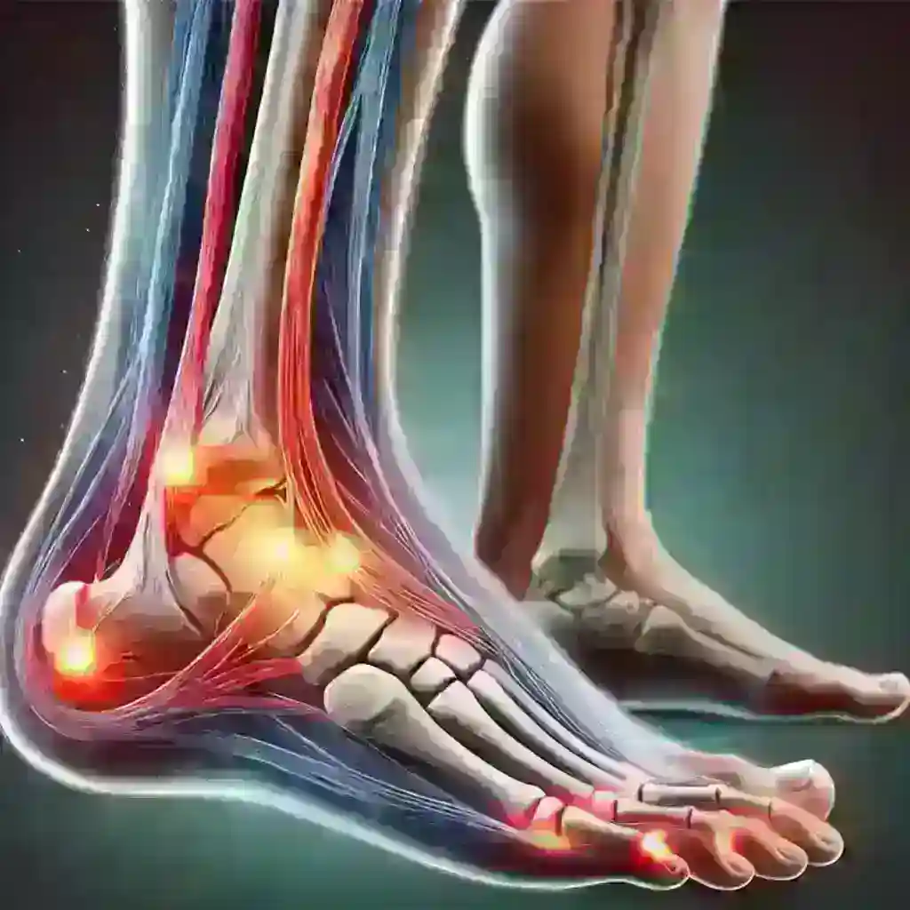 Medical illustration comparing Achilles Tendinitis vs Plantar Fasciitis, showing inflamed areas in the foot and ankle with detailed anatomical highlights.