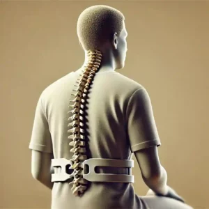 Realistic depiction of Ankylosing Spondylitis Disability featuring a person with a curved spine caused by spinal fusion and wearing a back brace for support and posture correction