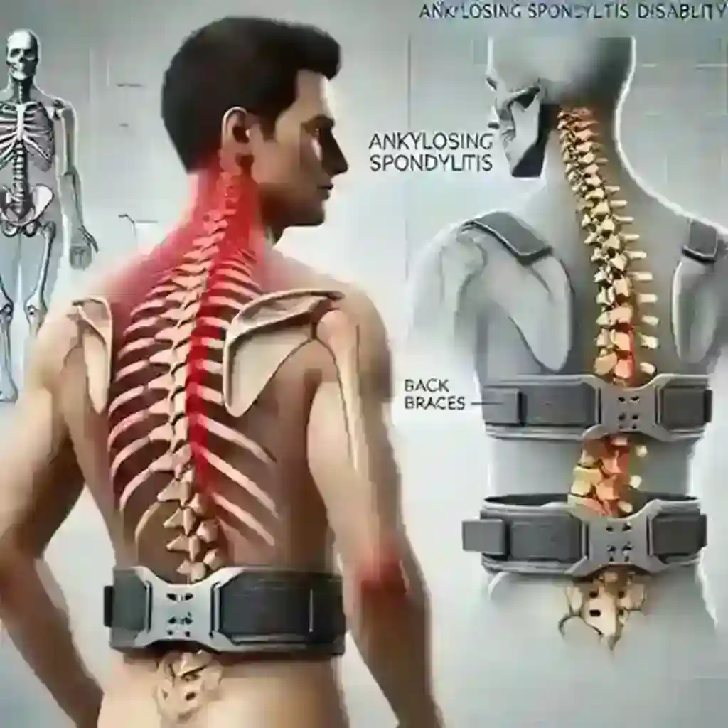 Medical illustration showing the effects of Ankylosing Spondylitis Disability on the spine with inflammation and stiffness