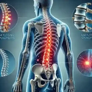 Illustration of Ankylosing Spondylitis Disability showing the spine with inflammation, stiffness, and vertebral damage. Includes detailed insets highlighting spinal changes caused by the condition.