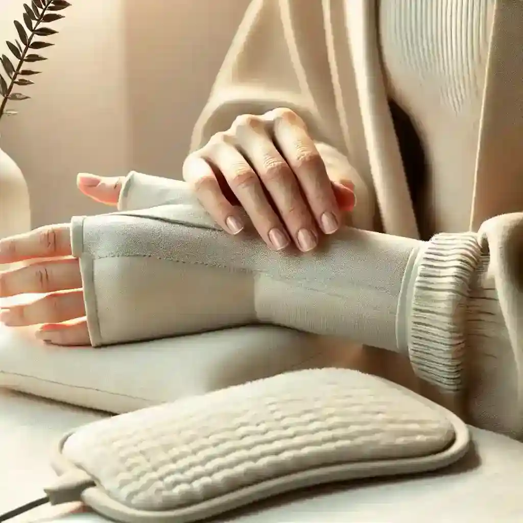 Person using arthritis tools, including a compression glove and heating pad, for hand joint pain relief