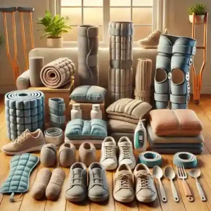 A realistic display of arthritis tools, including compression gloves, ergonomic utensils, heating pads, and knee braces, neatly arranged on a wooden table to help relieve joint pain.