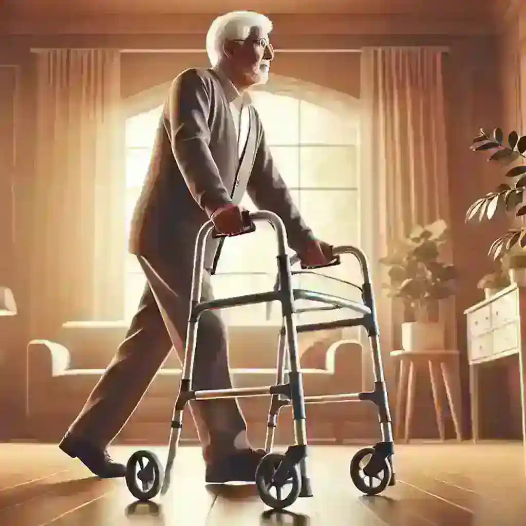 Lightweight Walkers for Seniors: Elderly person using a lightweight aluminum walker with ergonomic grips in a comfortable indoor environment.