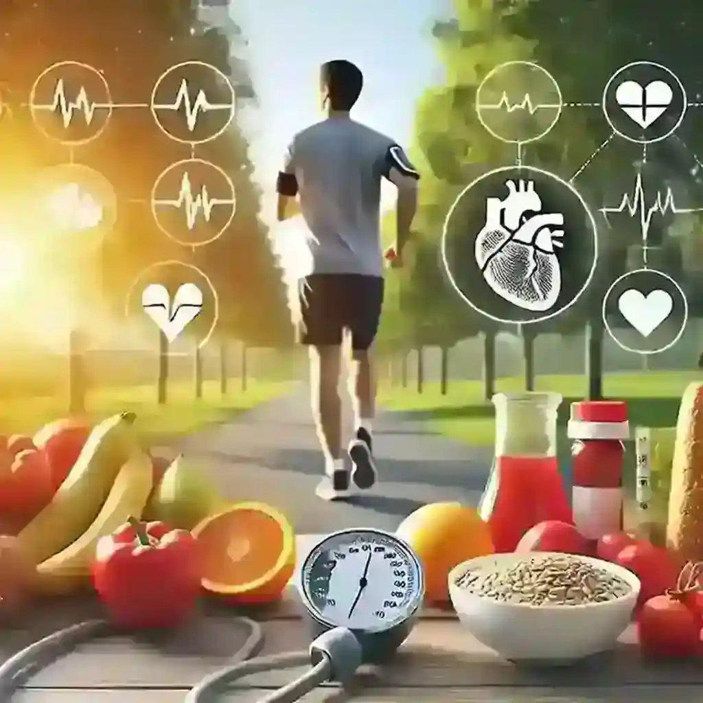 A man jogging on a tree-lined path with fresh fruits, vegetables, grains, and a blood pressure monitor, symbolizing how exercise and a healthy diet help prevent macrovascular complications of diabetes.