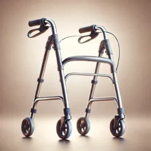 Lightweight Walkers for Seniors : Close-up of a lightweight aluminium walker with wheels and ergonomic handles.