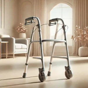 Lightweigh walker with two wheels and ergonomic handles placed in a cozy, well-lit living room setting.