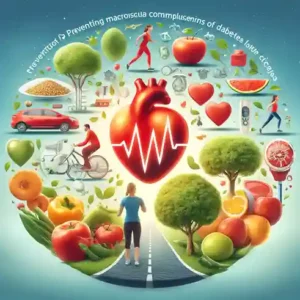 A heart health symbol surrounded by images of exercise, fresh fruits, vegetables, and healthy lifestyle elements, emphasizing the prevention of macrovascular complications of diabetes.