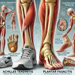 Scientific medical illustration showing prevention tips for Achilles Tendinitis vs Plantar Fasciitis, including exercises, stretching routines, and foot care practices for both conditions