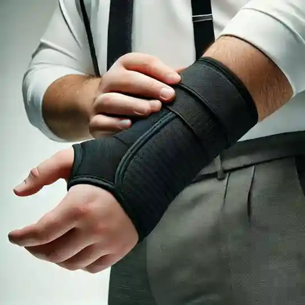 Wearing a wrist compression sleeve for pain relief and ergonomic support