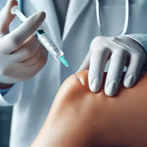 PRP therapy pain relief - A professional image showing a doctor injecting platelet-rich plasma (PRP) into a patient's knee joint for pain relief and healing.