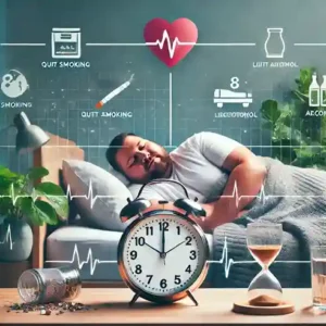 A person sleeping in a cozy bedroom with a visible alarm clock showing 8 hours of sleep, surrounded by symbols for quitting smoking, limiting alcohol, and improving heart health to prevent macrovascular complications of diabetes.