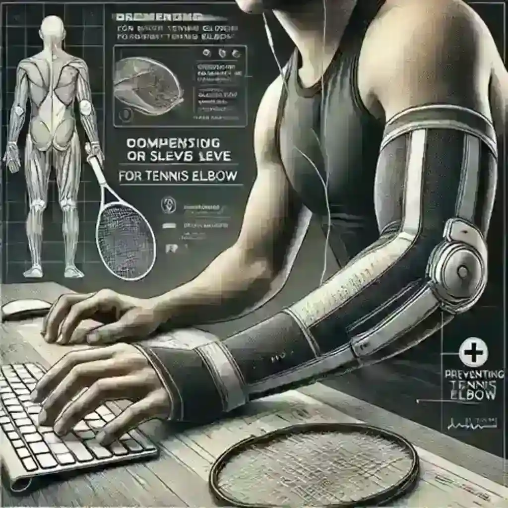 Person wearing a compression sleeves for tennis elbow while typing on a keyboard, demonstrating pain relief and support for athletes and desk workers.