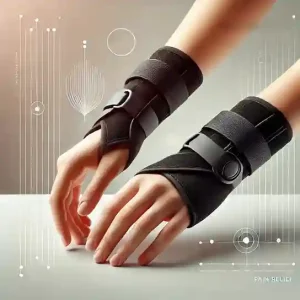 Wrist braces for pain relief worn on hands with ergonomic design, against a modern and minimal background.