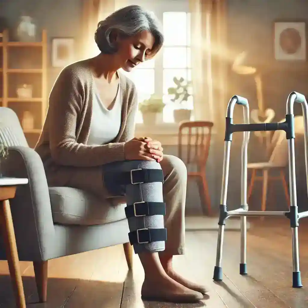 Middle-aged woman wearing a knee brace, sitting on a chair with a walker beside her, symbolizing support for Lupus and Rheumatoid Arthritis Together.