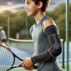 A young boy wearing a compression sleeves for tennis elbow while playing tennis outdoors, showcasing ergonomic design and support for young athletes.